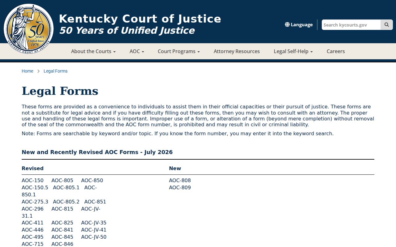 Kentucky forms used with Calloway County criminal court case records