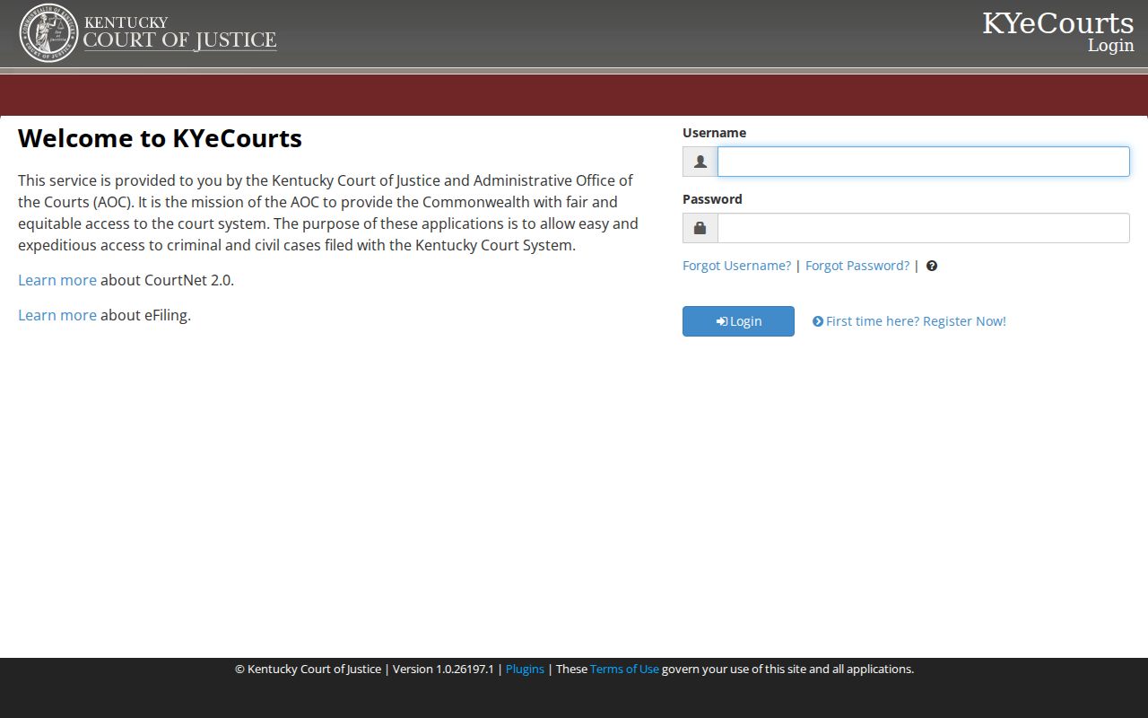 Calloway County court case lookup through the CourtNet entry screen