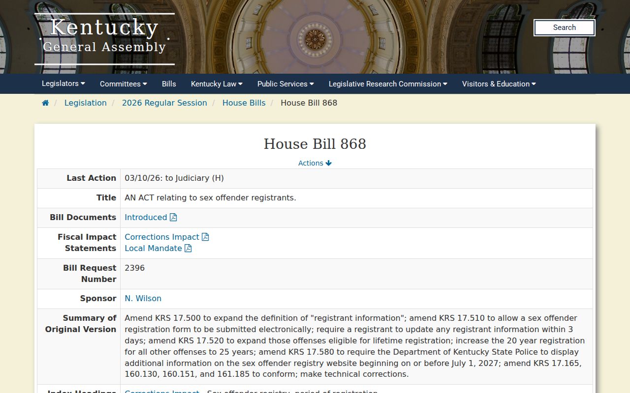 Kentucky General Assembly HB 868 registry legislation page