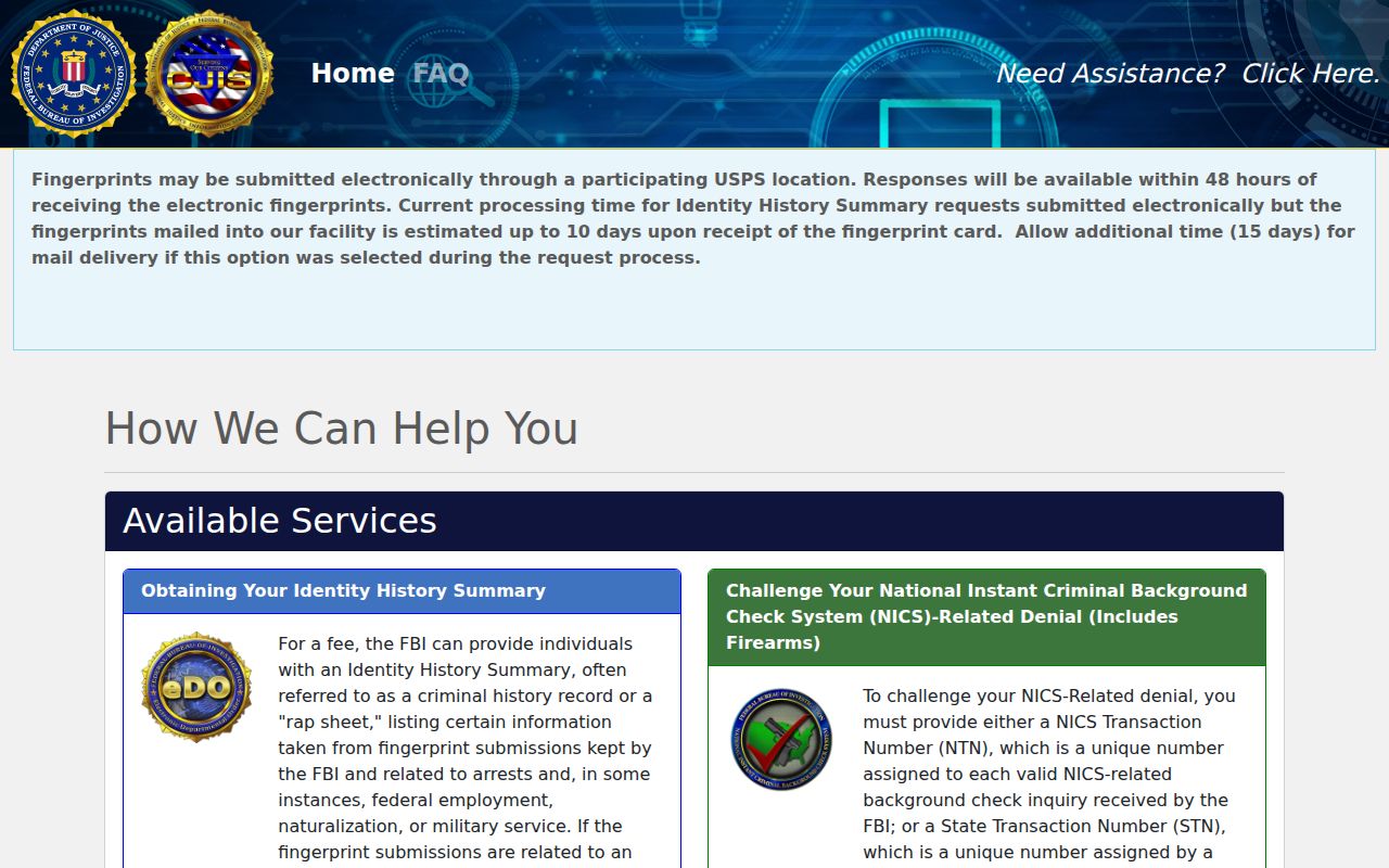 FBI electronic Identity History Summary request portal for a Hazel self-record review